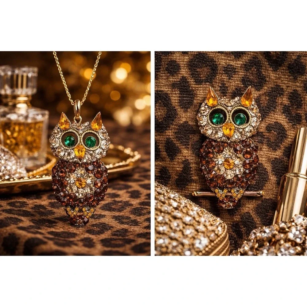 Hoot Owl Brooch Pendant Rhinestone Figural‎ Bling Amber Tone Statement Pin 2.5🦉